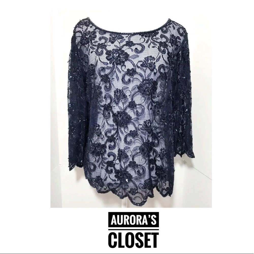 MARINA by Marina Bressler 16 Blue Floral Blouse Beaded Sheer Scallop MOB